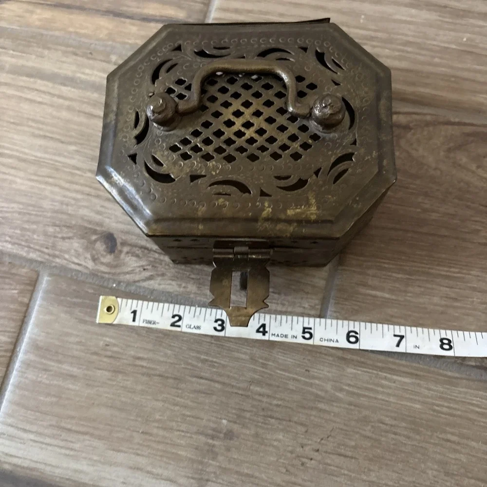Vintage Brass Cricket Box Incense Lock Box Hinged W/ Handle Jali Cut India  6.5